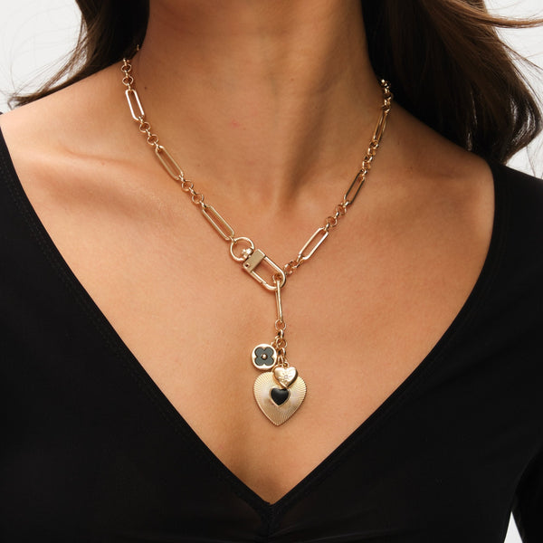 Mood Gold Polished & Jet Heart Charm Necklace