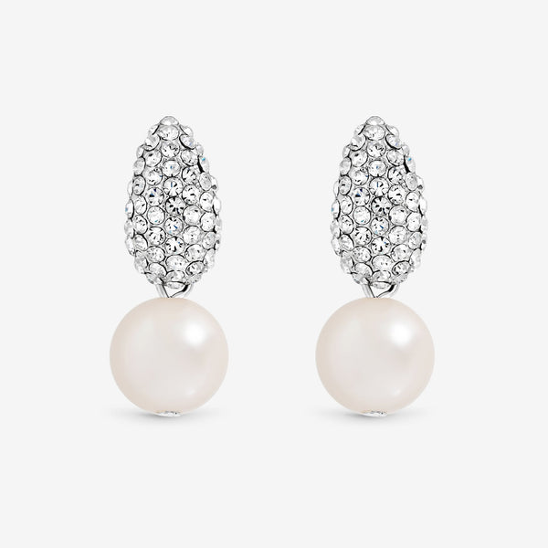 Jon Richard Rhodium Plated Pave and Pearl Drop Earrings