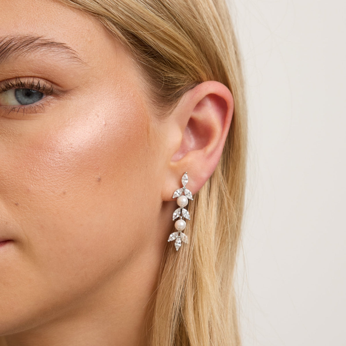 Jon Richard Rhodium Plated Pearl and Crystal Leaf Drop Earrings