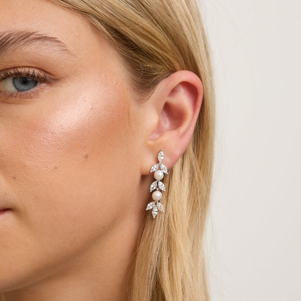 Jon Richard Rhodium Plated Pearl and Crystal Leaf Drop Earrings