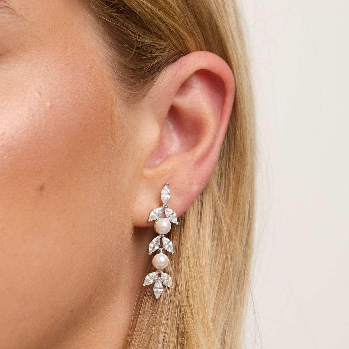 Jon Richard Rhodium Plated Pearl and Crystal Leaf Drop Earrings