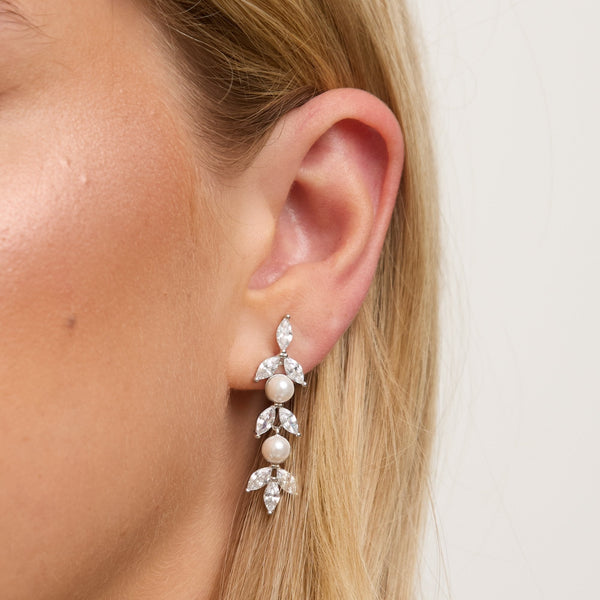 Jon Richard Rhodium Plated Pearl and Crystal Leaf Drop Earrings