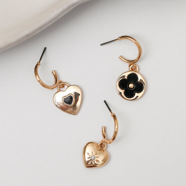 Mood Gold Jet Heart & Clover Huggie Charm Earrings - Pack of 3