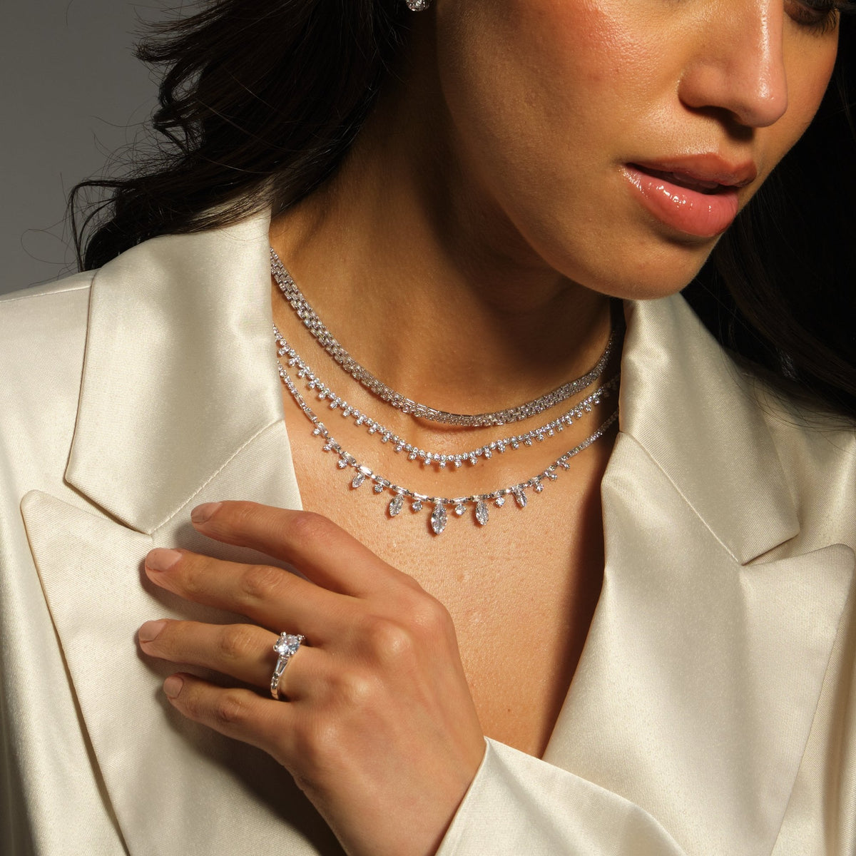 Jon Richard Rhodium Plated Cubic Zirconia Navette Stone Drop Necklace
