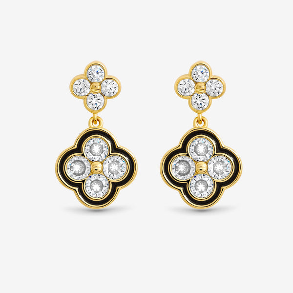 Jon Richard 14K Gold Plated Jet and Crystal Clover Earrings - Gift Box