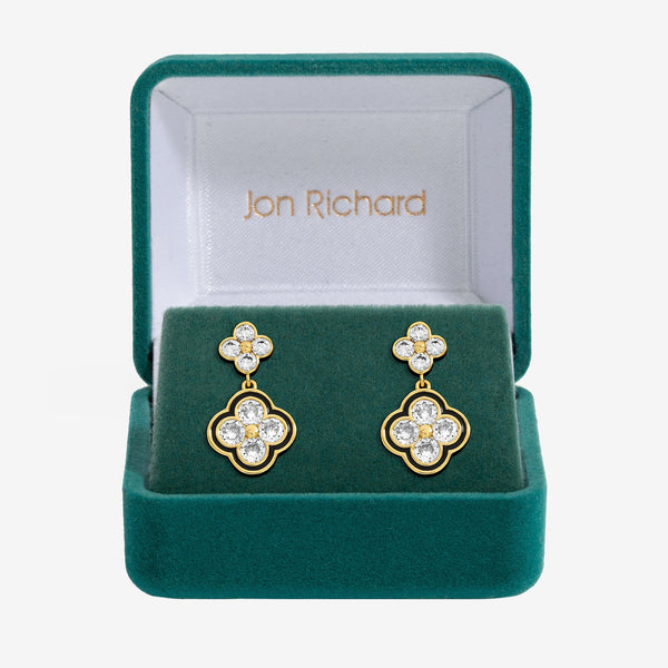 Jon Richard 14K Gold Plated Jet and Crystal Clover Earrings - Gift Box