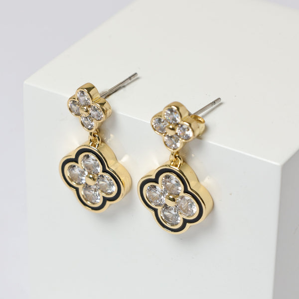 Jon Richard 14K Gold Plated Jet and Crystal Clover Earrings - Gift Box