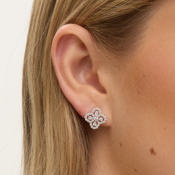 Jon Richard Rhodium Plated and Cubic Zirconia Clover Stud Earrings - Gift Box
