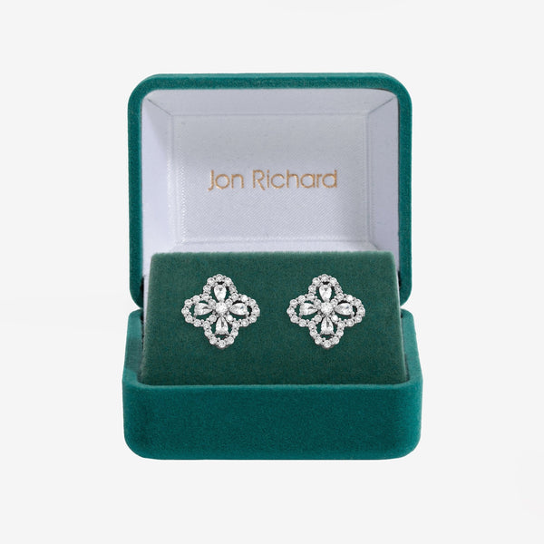 Jon Richard Rhodium Plated and Cubic Zirconia Clover Stud Earrings - Gift Box