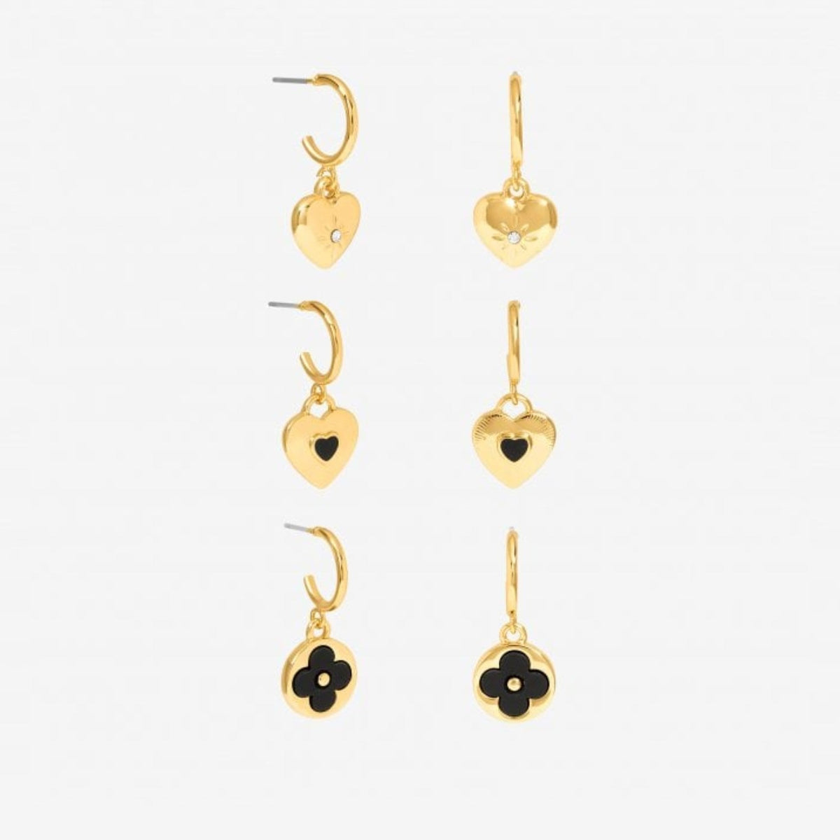 Mood Gold Jet Heart & Clover Huggie Charm Earrings - Pack of 3