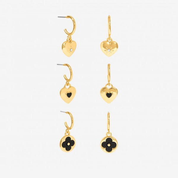 Mood Gold Jet Heart & Clover Huggie Charm Earrings - Pack of 3