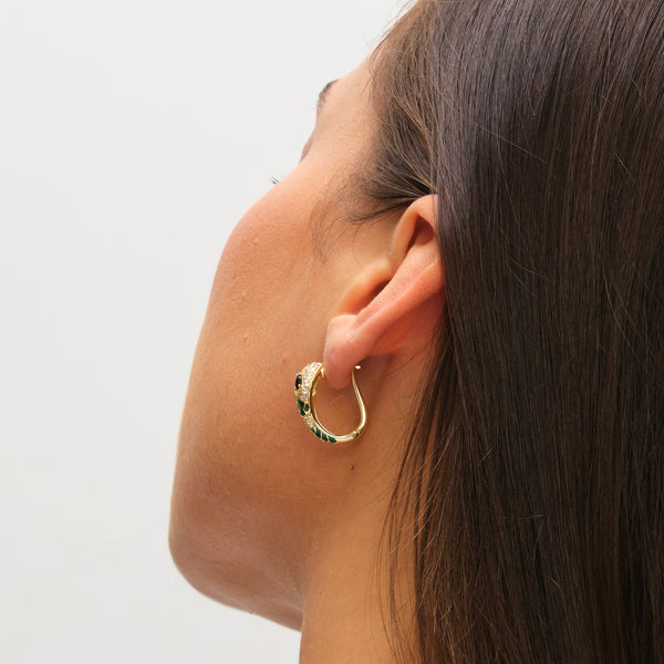 Inicio 14K Gold Plated and Emerald Snake Hoop Earrings - Gift Pouch