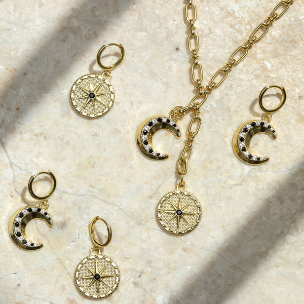 Inicio 14ct Gold Plated Celestial Moon Charm Hoop Earrings - Gift Pouch