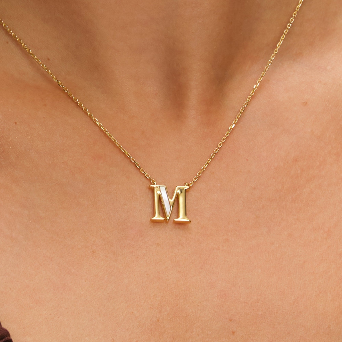 Inicio 14K Gold Plated and Mother of Pearl Initial Pendant - M - Gift Pouch
