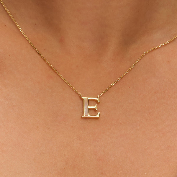 Inicio 14K Gold Plated and Mother of Pearl Initial Pendant - E - Gift Pouch