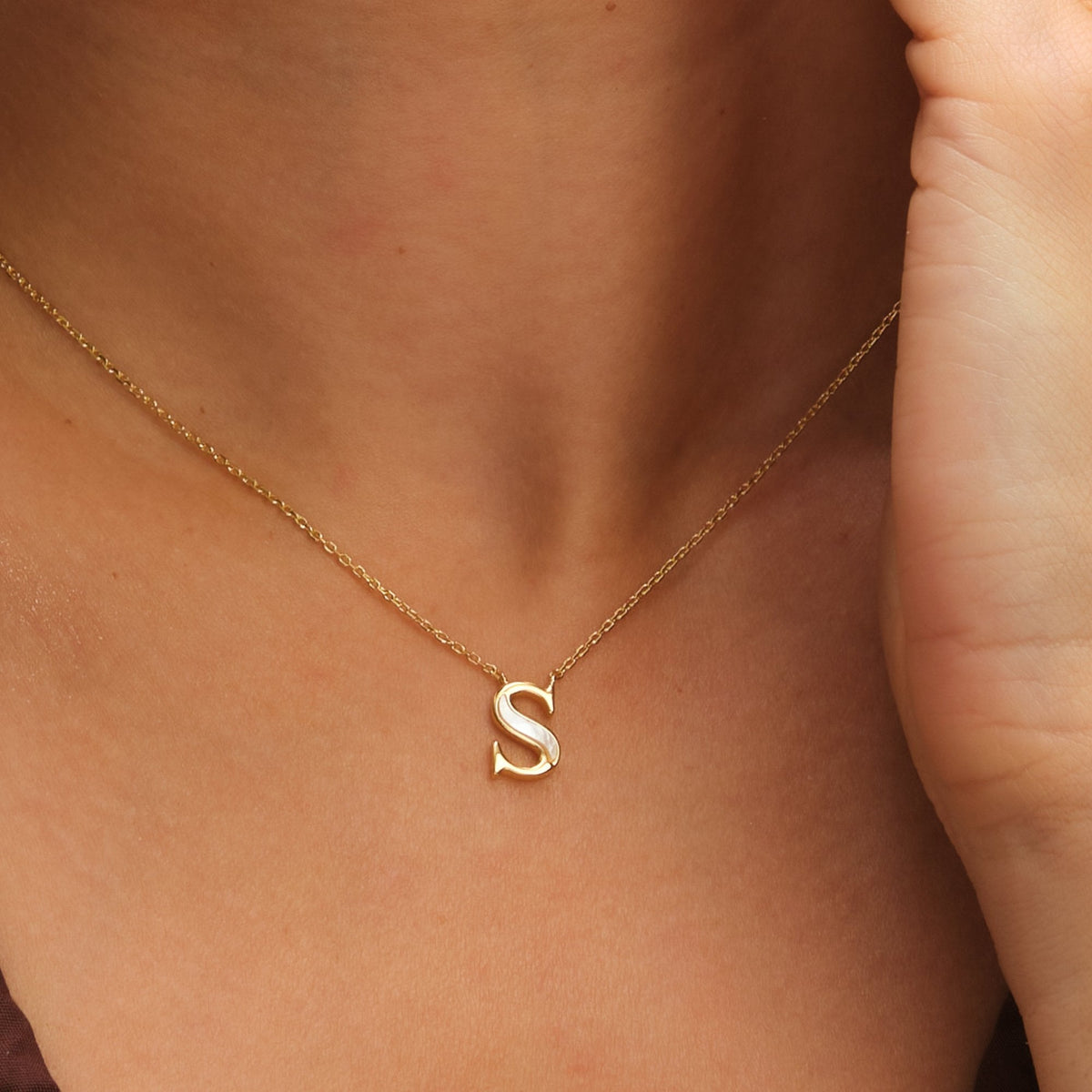 Inicio 14K Gold Plated and Mother of Pearl Initial Pendant - S - Gift Pouch