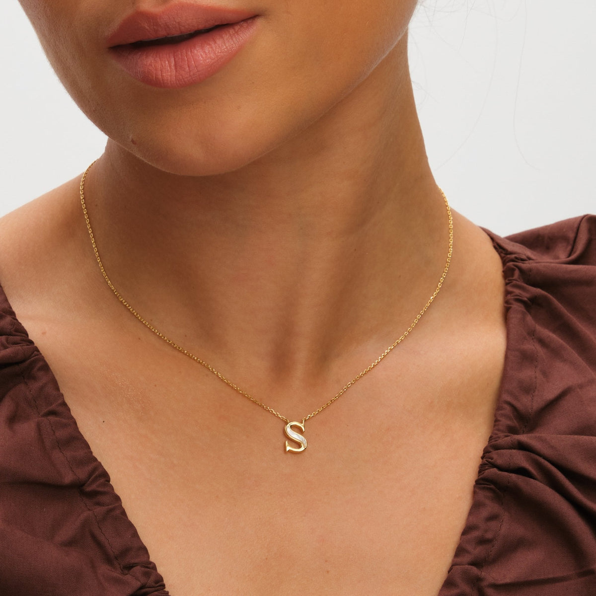 Inicio 14K Gold Plated and Mother of Pearl Initial Pendant - S - Gift Pouch
