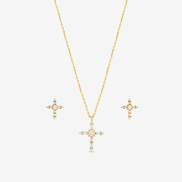 Inicio 14K Gold Plated Cubic Zirconia and Opal Cross Set - Gift Box