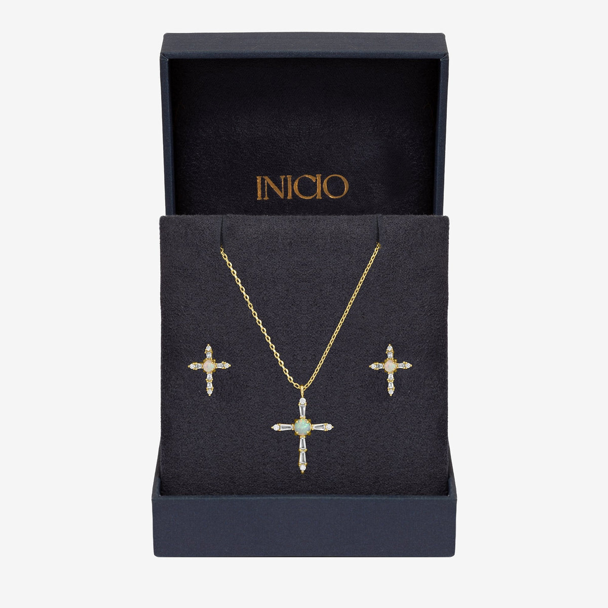 Inicio 14K Gold Plated Cubic Zirconia and Opal Cross Set - Gift Box