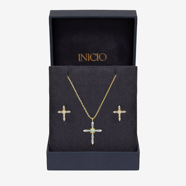 Inicio 14K Gold Plated Cubic Zirconia and Opal Cross Set - Gift Box