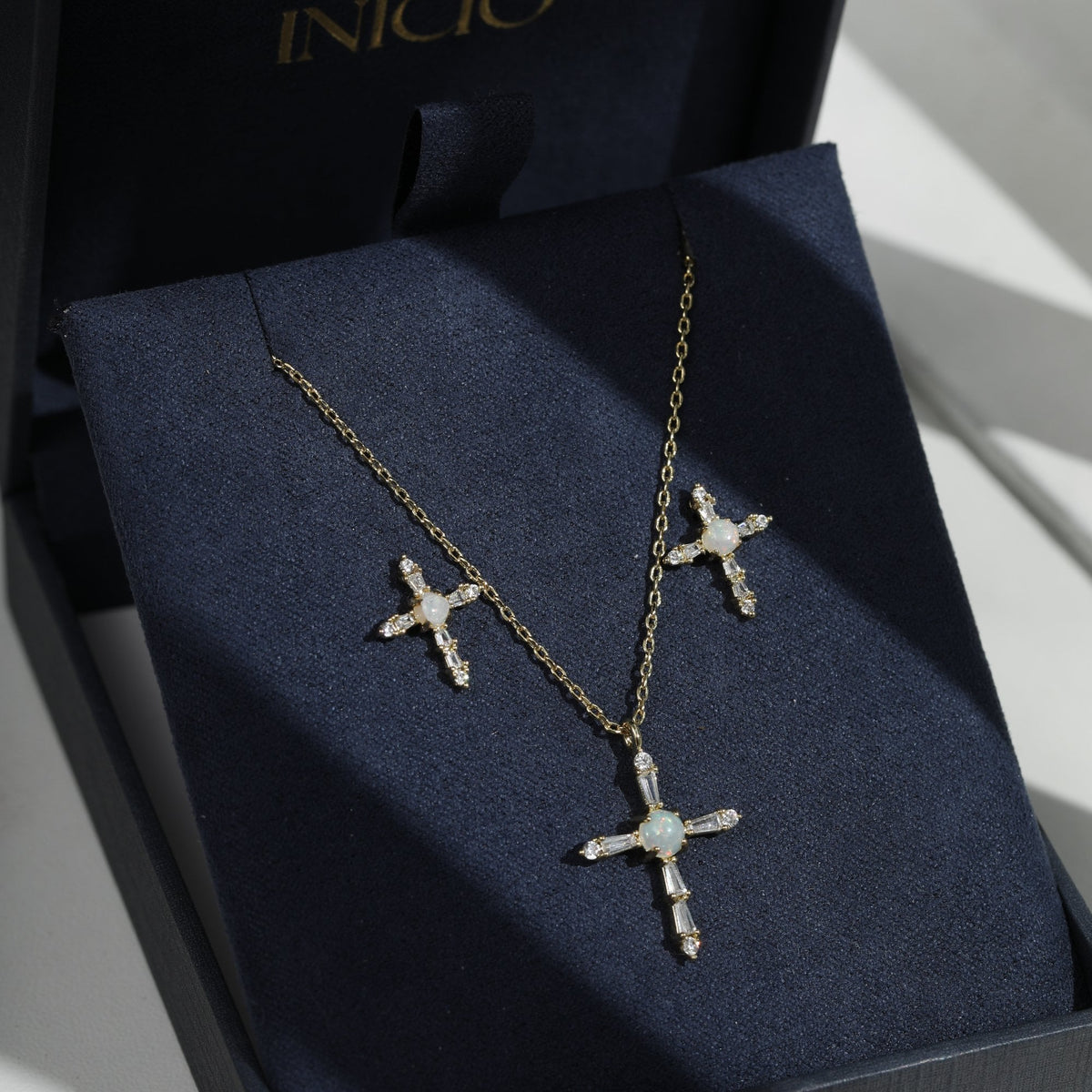 Inicio 14K Gold Plated Cubic Zirconia and Opal Cross Set - Gift Box