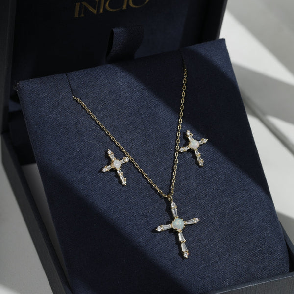Inicio 14K Gold Plated Cubic Zirconia and Opal Cross Set - Gift Box