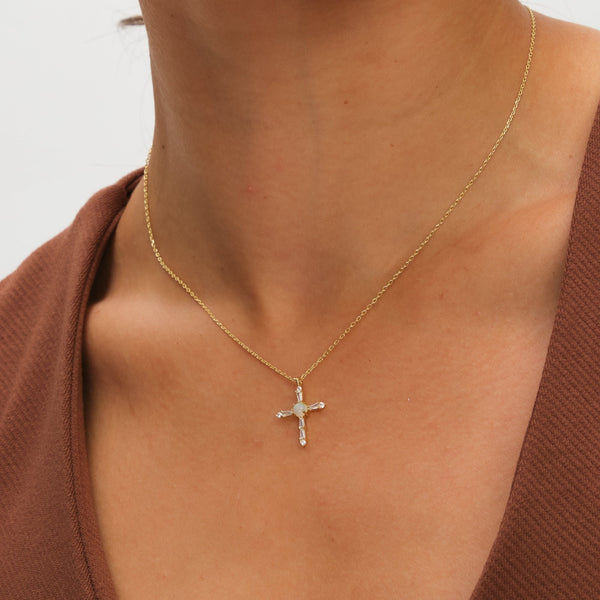 Inicio 14K Gold Plated Cubic Zirconia and Opal Cross Set - Gift Box