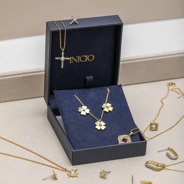 Inicio 14K Gold Plated and Cubic Zirconia Clover Set - Gift Box