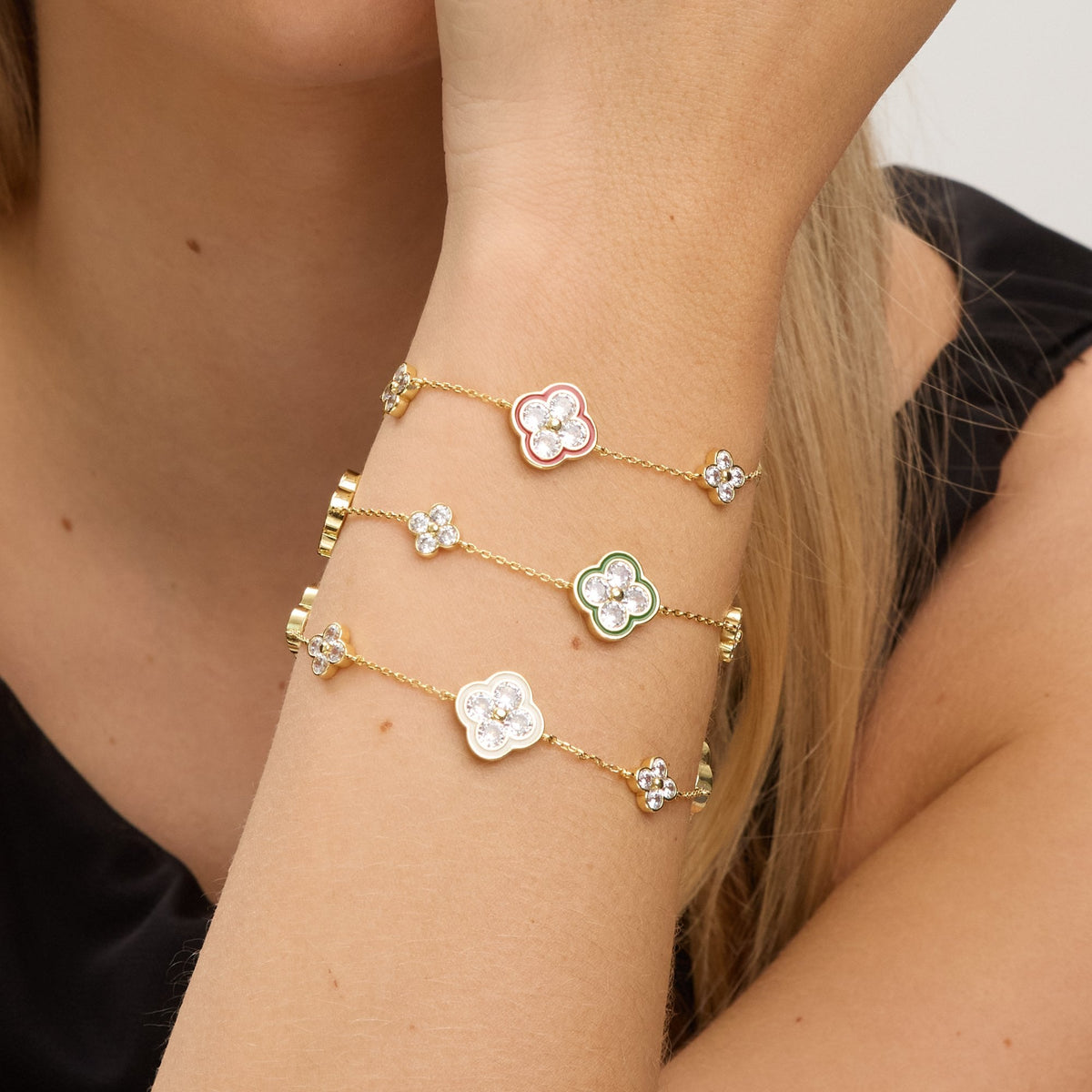 Jon Richard 14K Gold Plated Pave and White Clover Bracelet