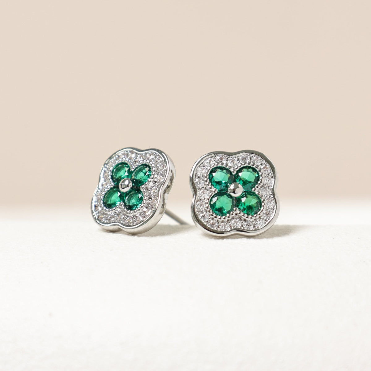 Jon Richard Rhodium Plated Crystal and Emerald Clover Studs