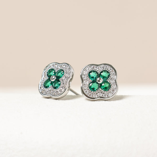 Jon Richard Rhodium Plated Crystal and Emerald Clover Studs