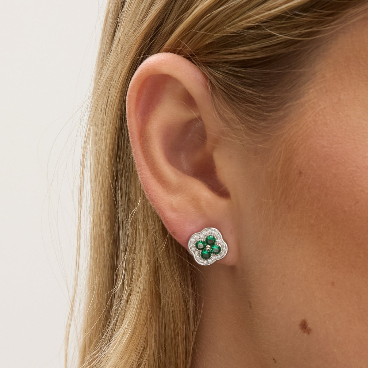 Jon Richard Rhodium Plated Crystal and Emerald Clover Studs