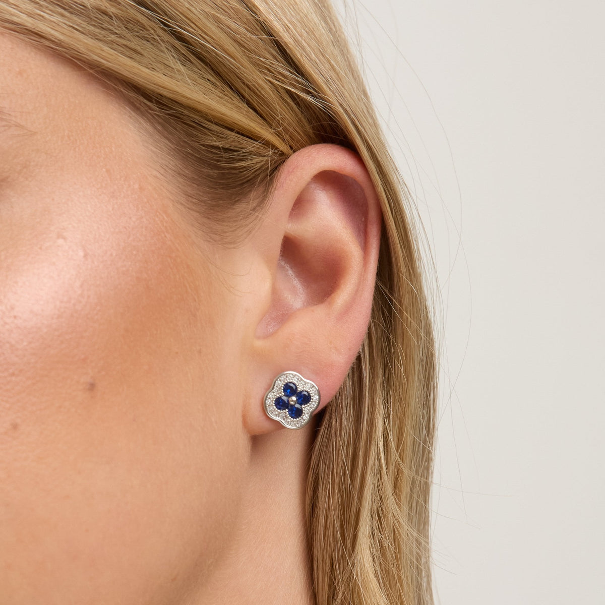 Jon Richard Rhodium Plated Crystal and Sapphire Clover Studs
