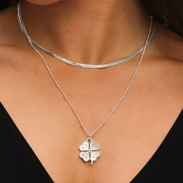 Mood Silver Polished & Crystal Clover Double Row Pendant