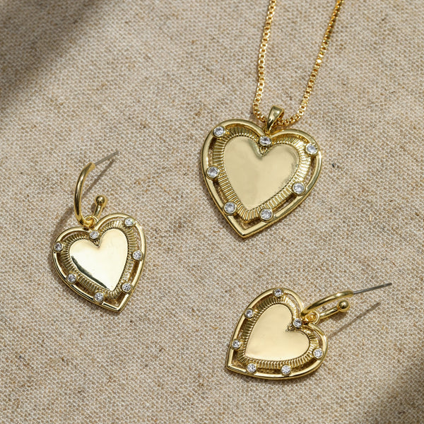 Inicio 14K Gold Plated Textured Heart Charm Hoop Earrings - Gift Pouch