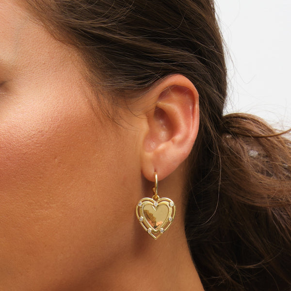 Inicio 14K Gold Plated Textured Heart Charm Hoop Earrings - Gift Pouch