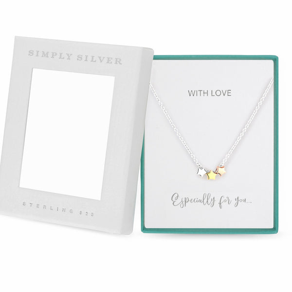 Sterling Silver 925 Tri-Tone Triple Star Necklace - Gift Boxed