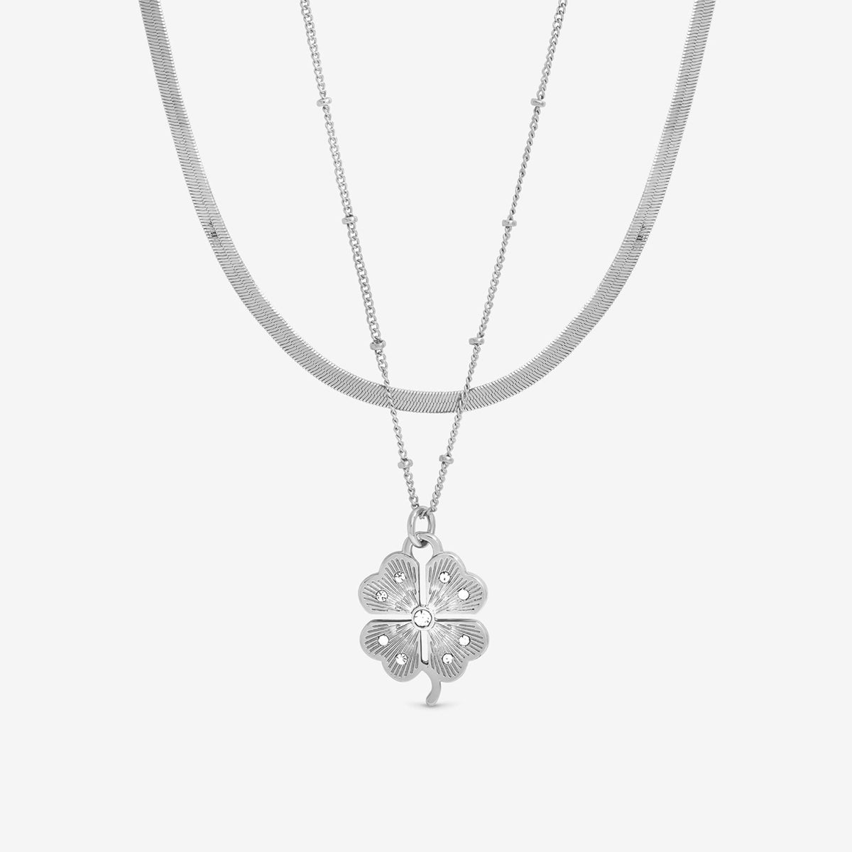 Mood Silver Polished & Crystal Clover Double Row Pendant