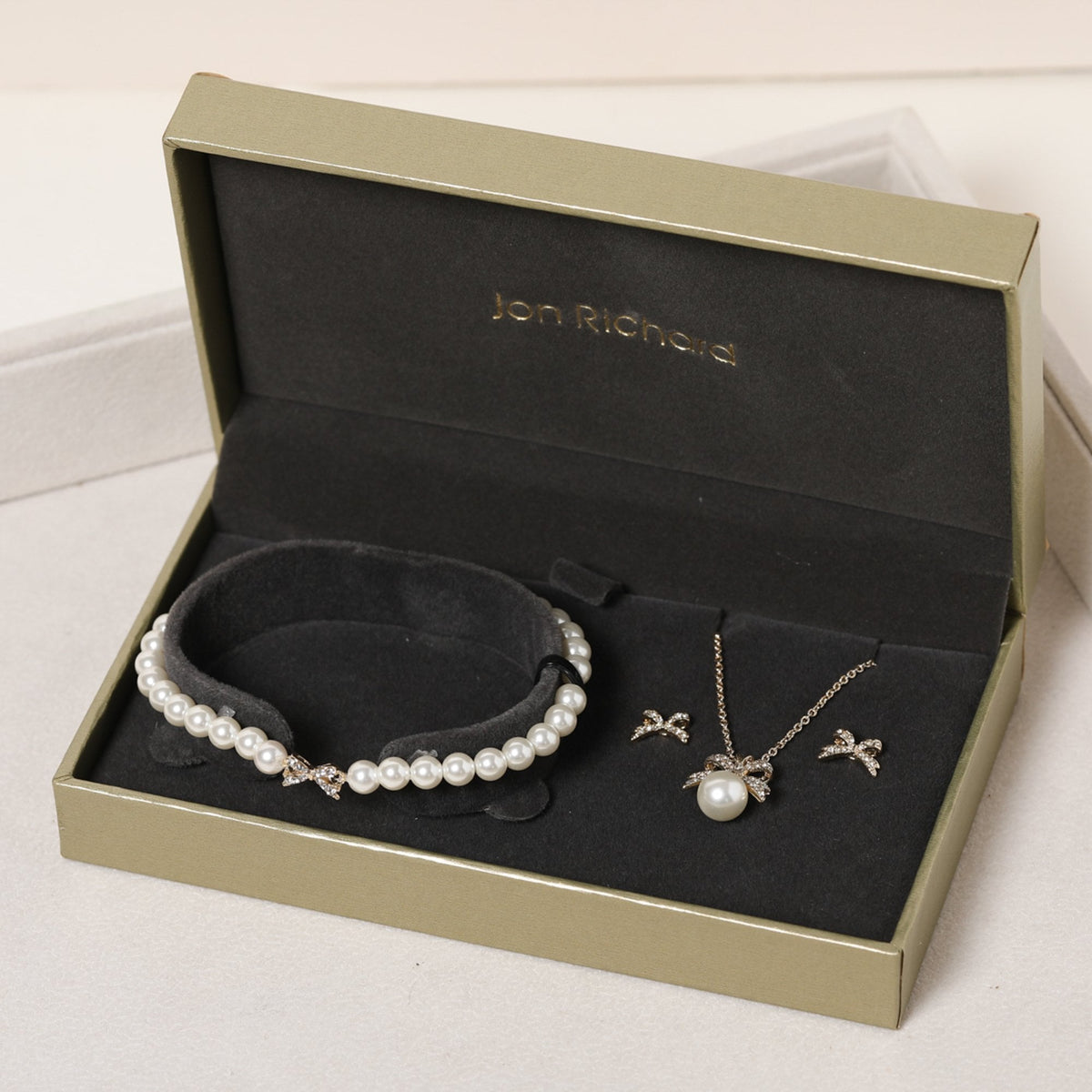 Jon Richard Gold Plated Pearl and Crystal Bow Trio Set - Gift Box