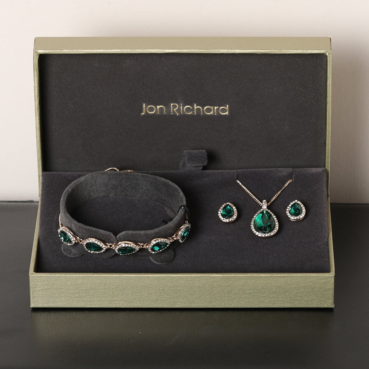 Jon Richard Gold Plated and Emerald Pear Drop Trio Set - Gift Box