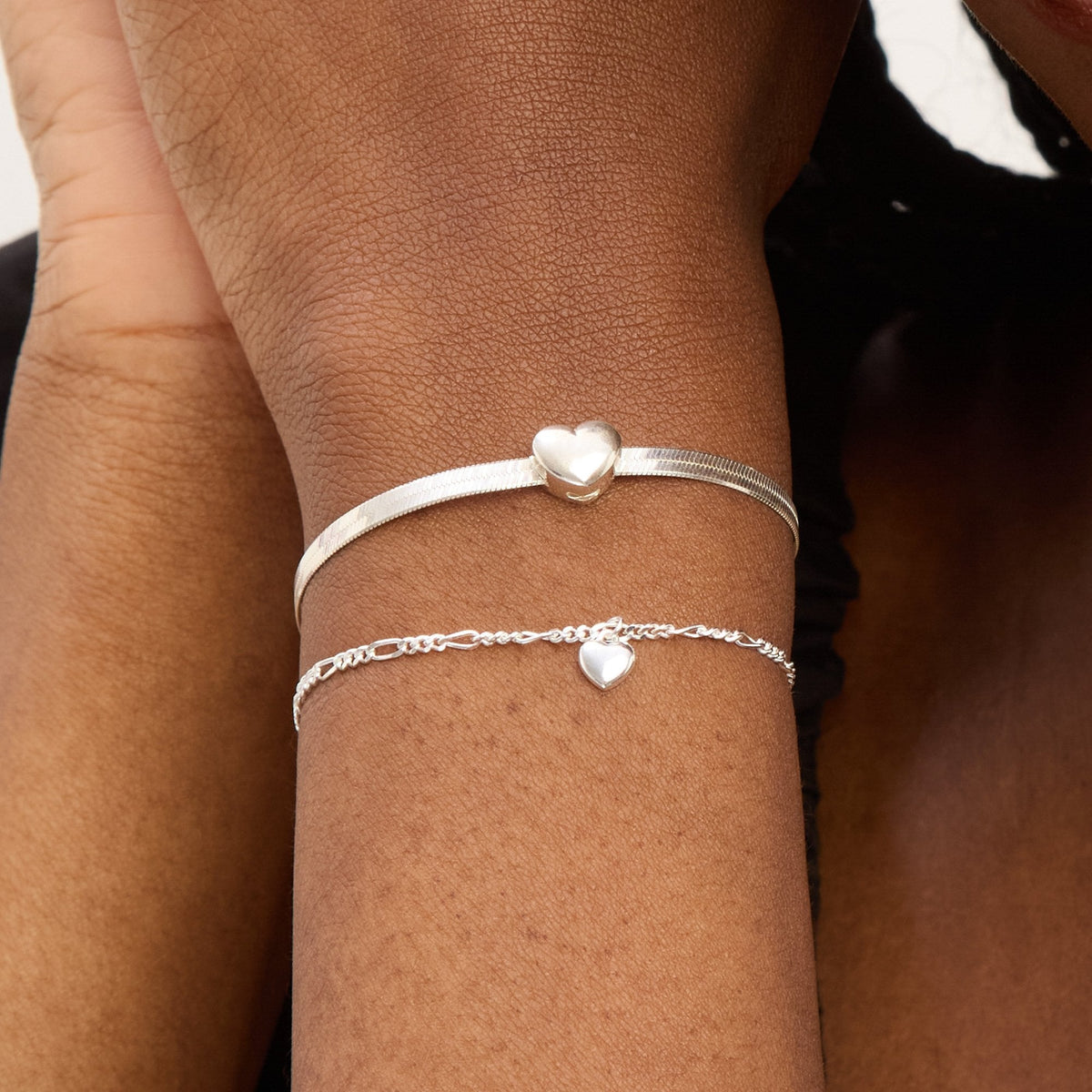Simply Silver Sterling Silver 925 Polished Snake Chain Puff Heart Bracelet