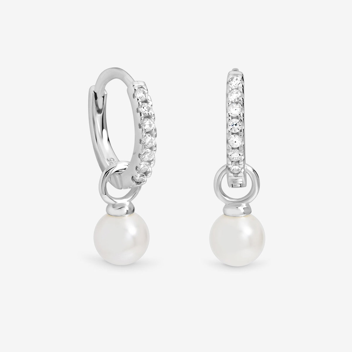 Simply Silver Sterling Silver 925 Cubic Zirconia Pave Pearl Hoop Earrings