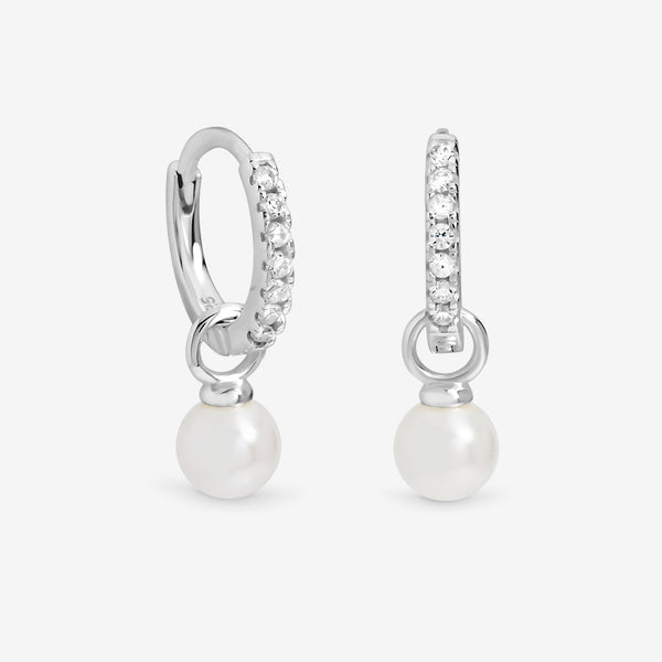 Simply Silver Sterling Silver 925 Cubic Zirconia Pave Pearl Hoop Earrings