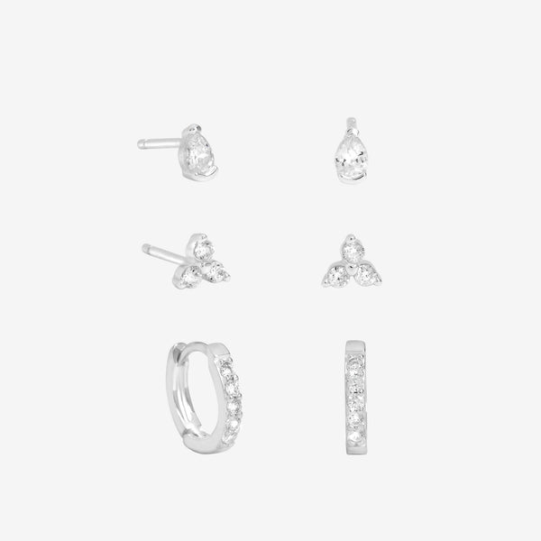 Simply Silver Sterling Silver 925 Cubic Zirconia Stud and Hoop Earrings - Pack of 3