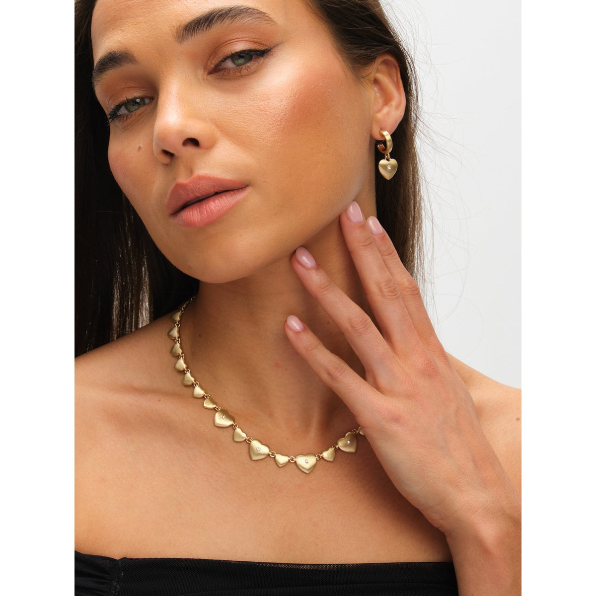Inicio Gold Plated Brushed Heart and Crystal Allway Necklace - Gift Pouch