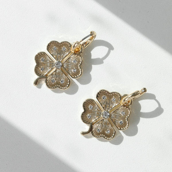 Mood Gold & Crystal Clover Charm Huggie Earrings