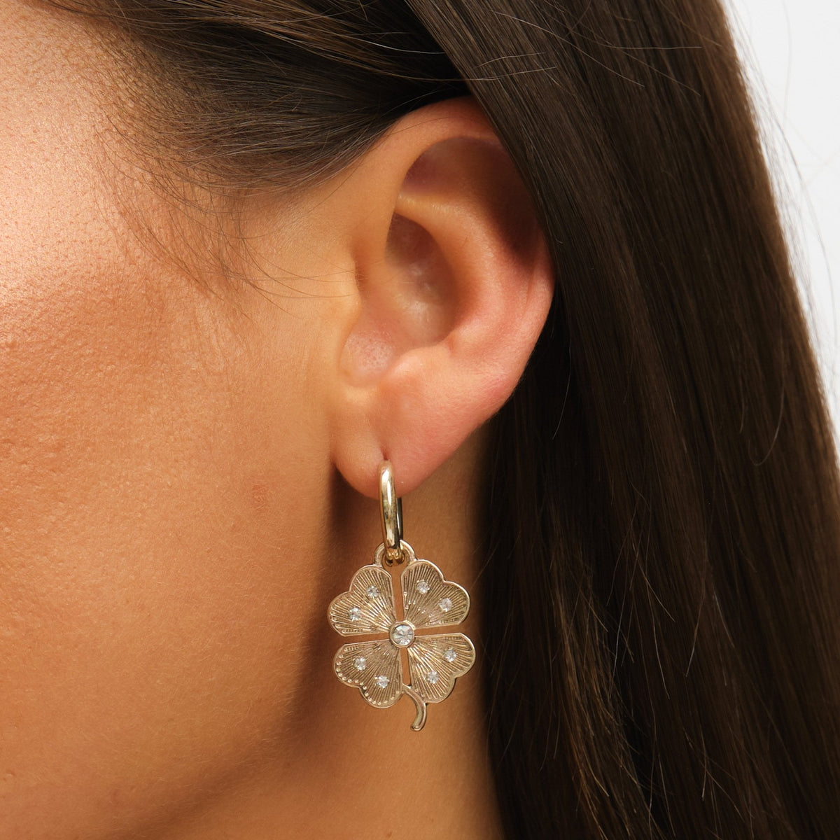 Mood Gold & Crystal Clover Charm Huggie Earrings