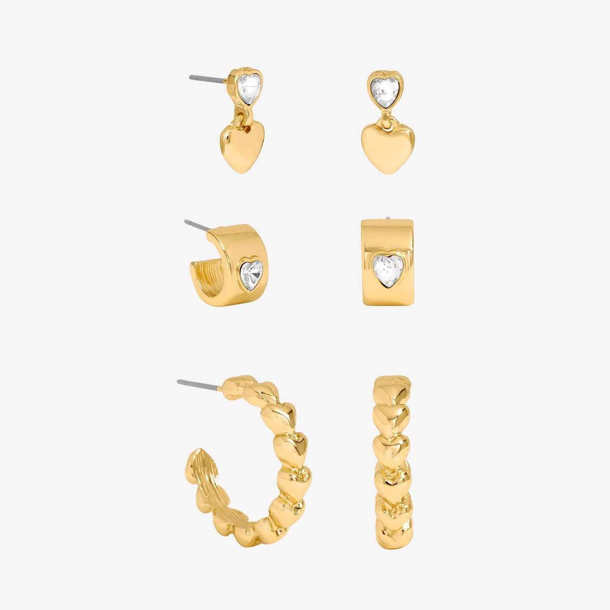 Mood Gold Polished & Crystal Heart Earrings - Pack of 3