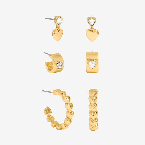 Mood Gold Polished & Crystal Heart Earrings - Pack of 3