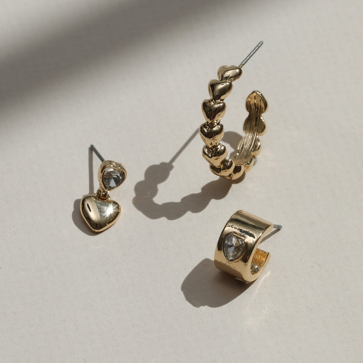 Mood Gold Polished & Crystal Heart Earrings - Pack of 3